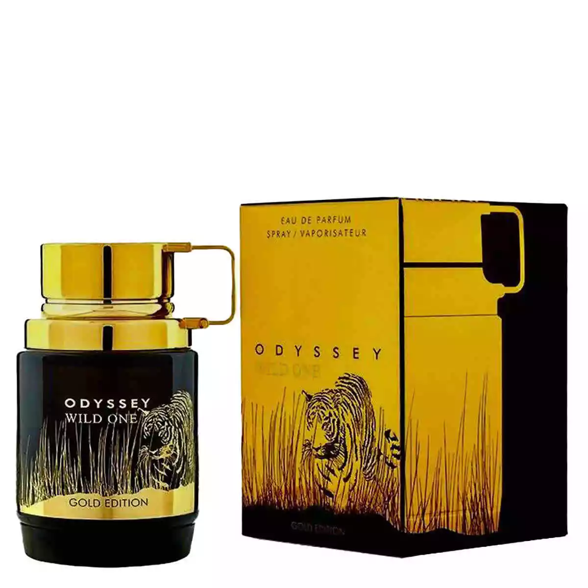 Odyssey Wild One Gold Edition Armaf Masculino Frasco e caixa de perfume dourados e pretos com imagem de tigre