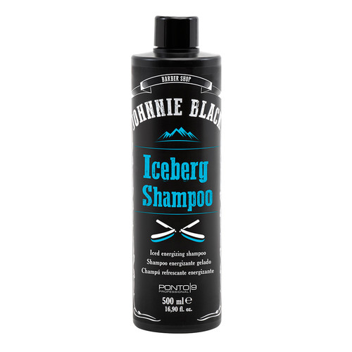 Johnie Black Champô Iceberg 500ml Frasco preto de champô Johnnie Black Iceberg Shampoo com texto branco e azul