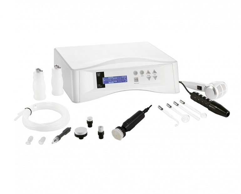 Weelko Equipamento Multifunções 5 em 1 Aparelho de estética branco com múltiplos acessórios dispostos em fundo branco