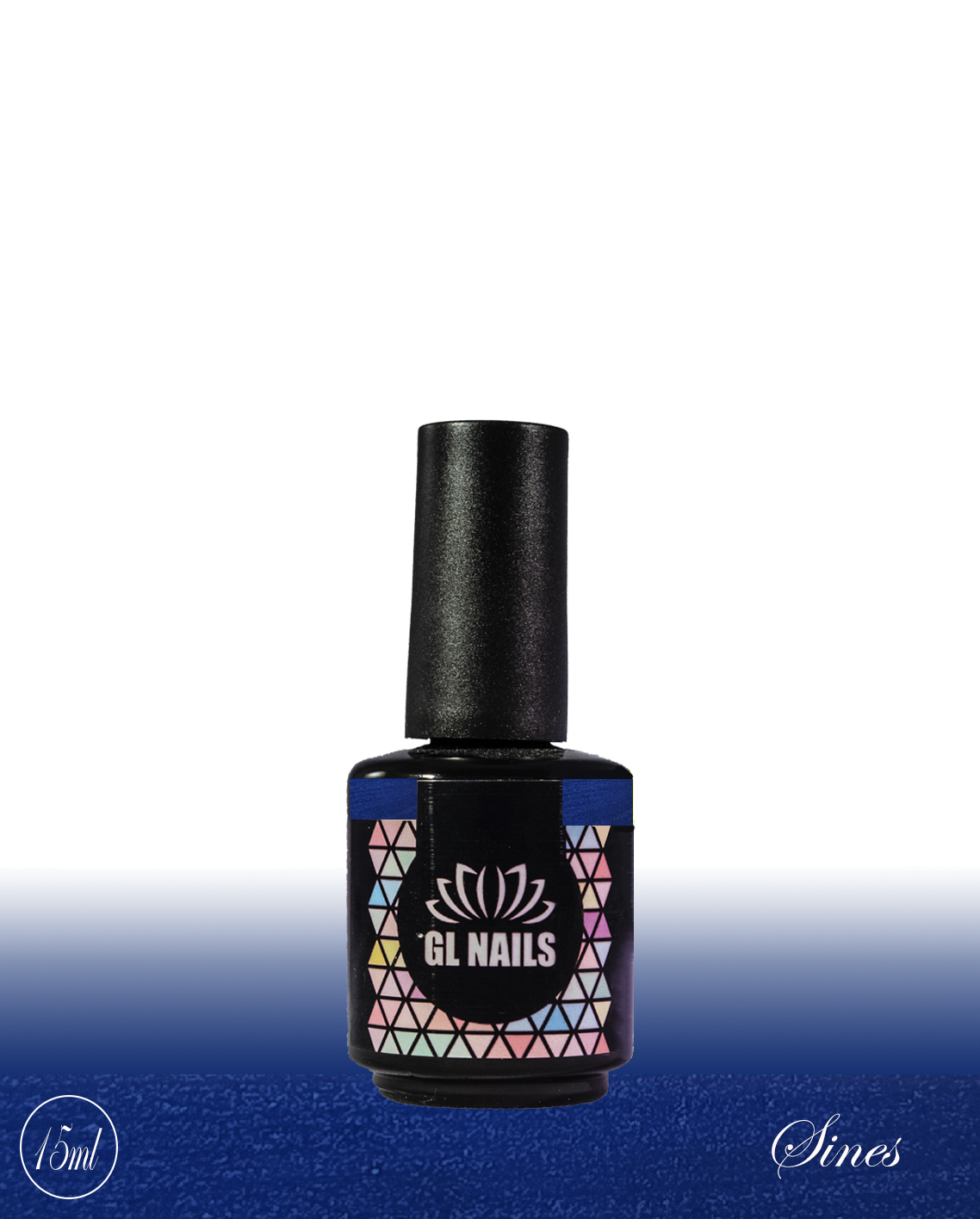 GL Nails - Verniz Gel Sines 15ml Frasco de verniz para unhas GL NAILS com rótulo colorido e tampa preta.