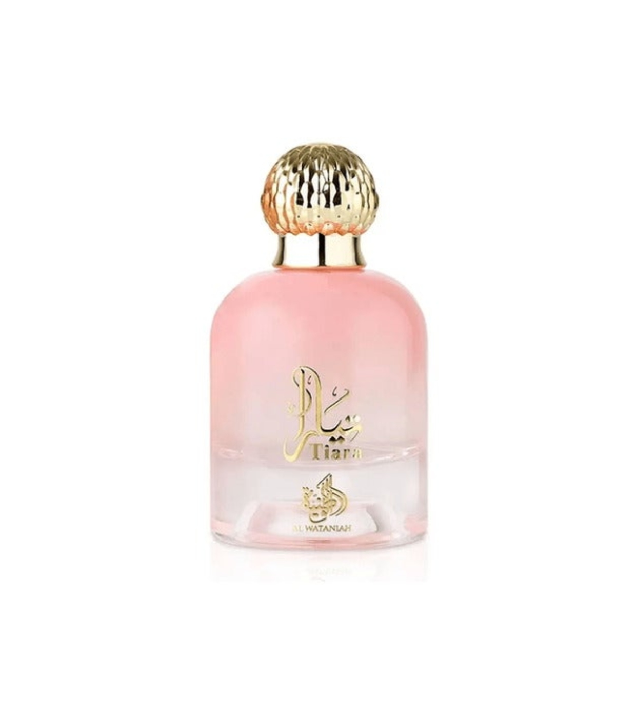 Al Wataniah Tiara Eau de Parfum para mulheres 100ml Frasco de perfume rosa com tampa dourada texturizada e texto dourado Tiara AL WATANIAH