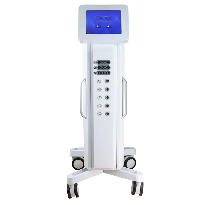 Presoterapia Profissional 3 em 1 Electro-Beauty Sculpt com Infravermelhos e Electroestimulação Dispositivo médico branco com ecrã digital azul e conectores numerados