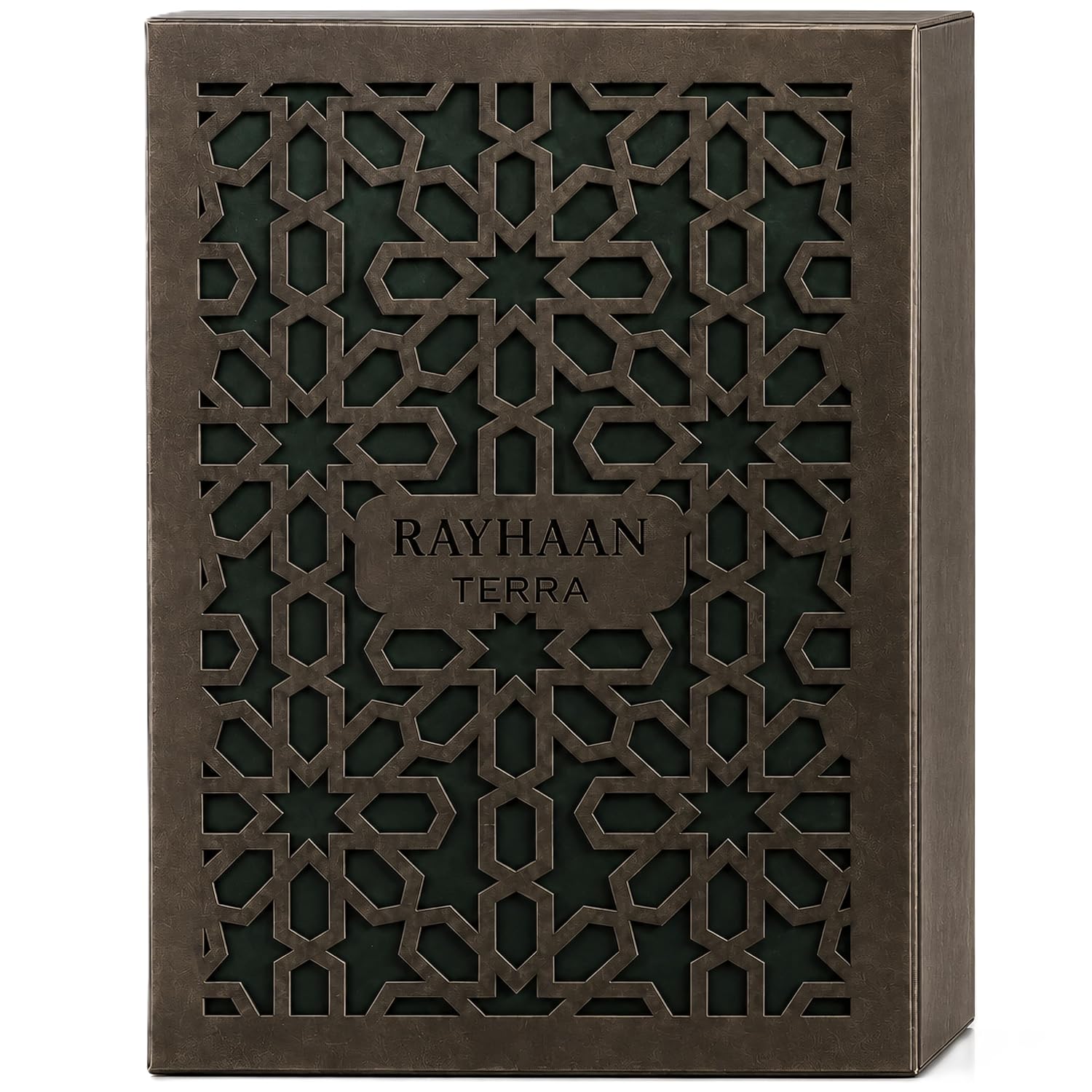 Rayhaan Terra EDP 100ml | Perfume for Men Embalagem retangular castanho escuro com padrão geométrico e texto RAYHAAN TERRA