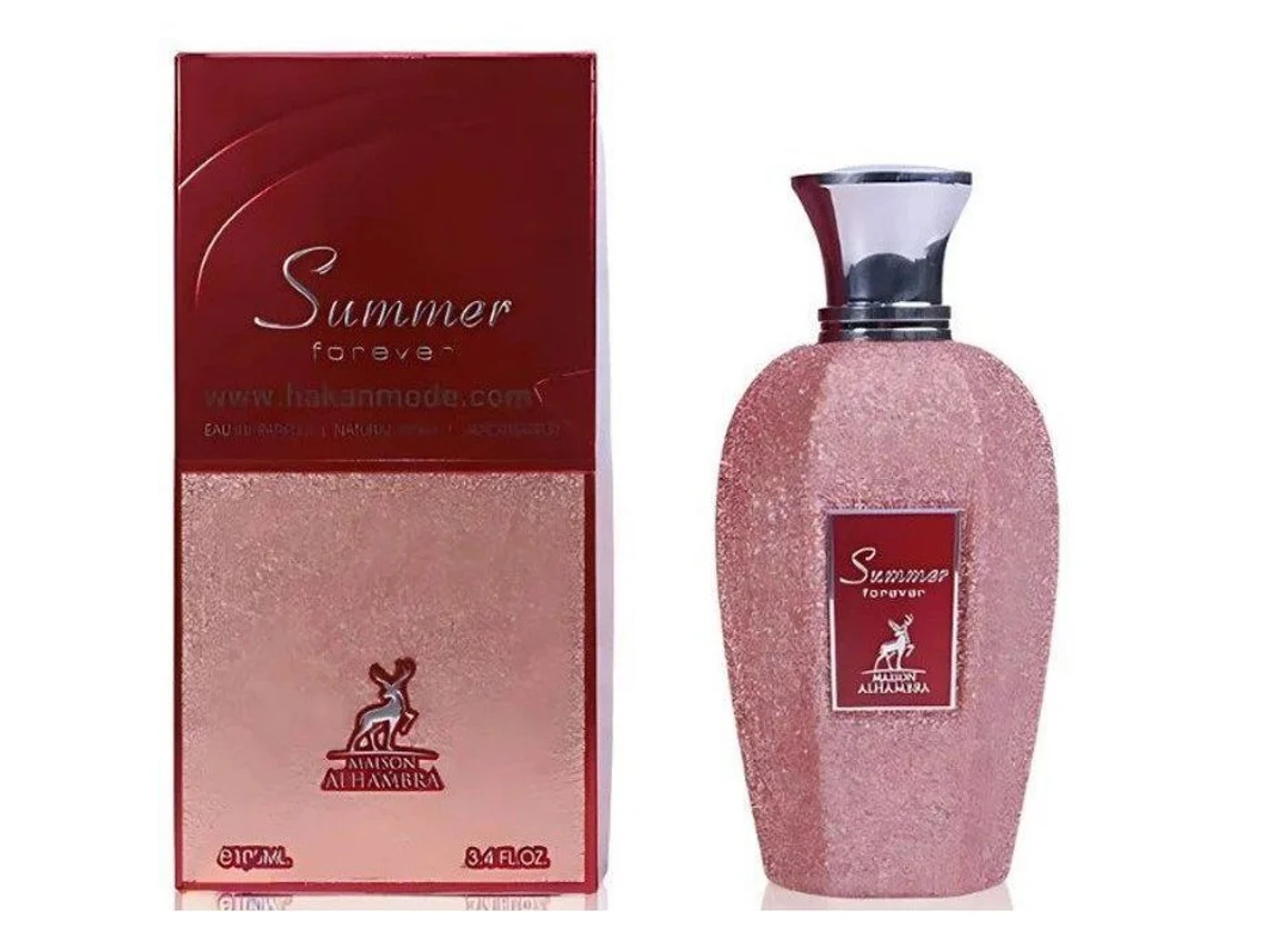 Maison Alhambra Summer Forever 100ml Frasco e caixa de perfume Summer forever rosa com brilho da Maison Alhambra