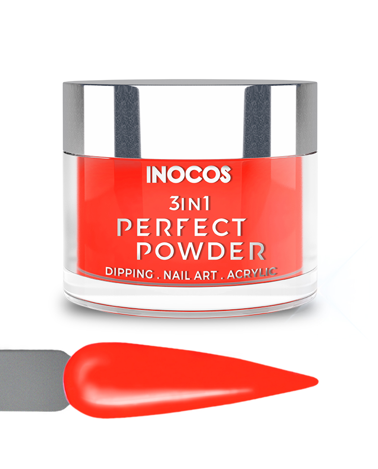INOCOS PERFECT POWDER 3 EM 1 P28 Laranja Raposa 20GR Frasco de pó para unhas INOCOS vermelho com tampa prateada e amostra de cor