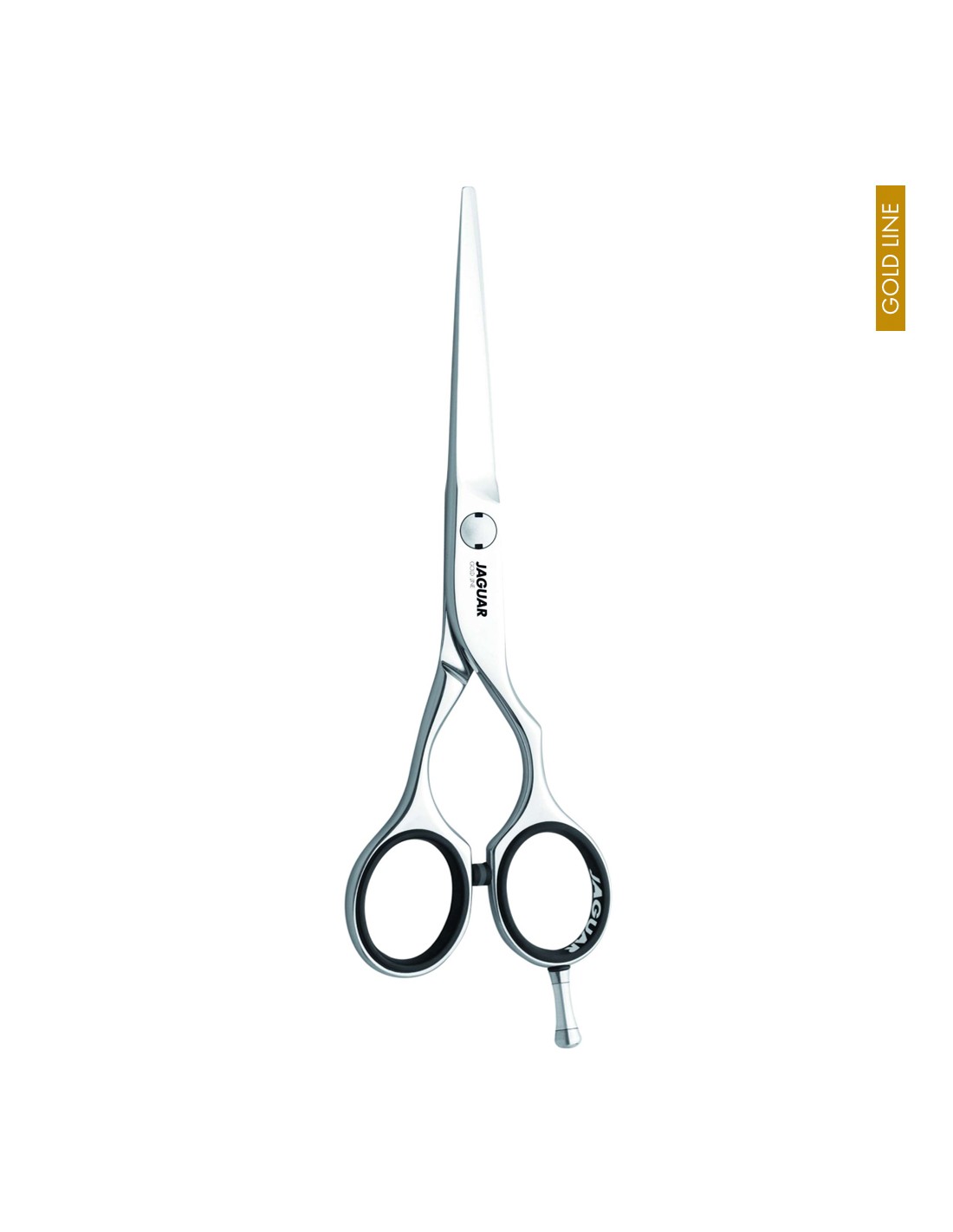 Jaguar Tesoura Diamond Gold Line Tesoura de cabeleireiro prateada com cabos pretos e texto WOLDA