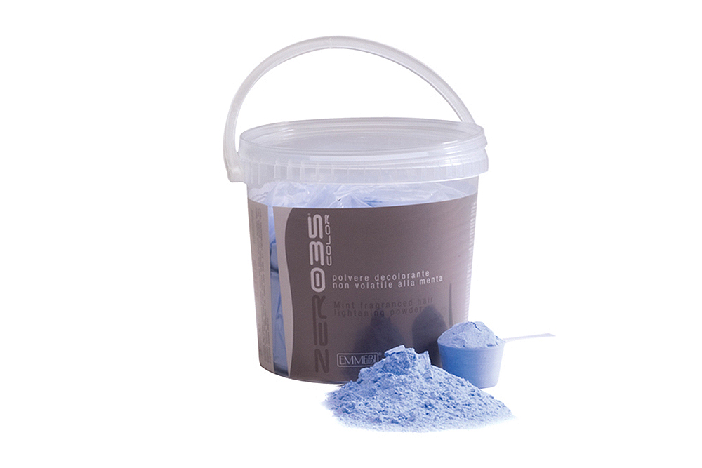 Emmebi - Zero35 - Pó Descolorante Azul 3x500gr Balde transparente com pó azul e colher azul ao lado