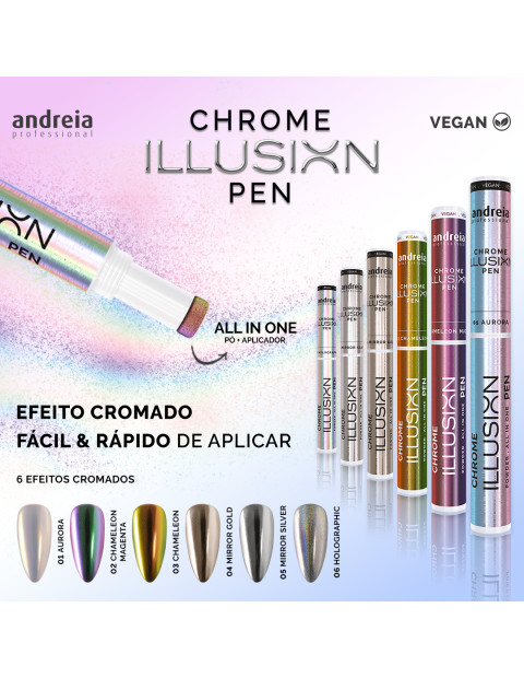 Caneta Unhas Chrome Illusion Andreia Chameleon Nail Art Canetas de efeito cromado de cosmética em várias cores e embalagens com texto promocional em fundo rosa e azul