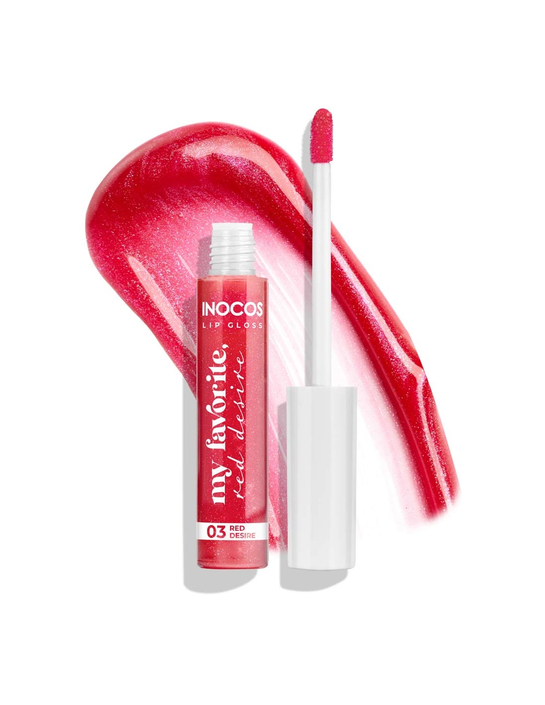 Lip Gloss 03 Red Desire 8ml - Inocos Coleção de Natal "A minha coisa favorita" Gloss labial vermelho com aplicador ao lado e traço de cor ao fundo