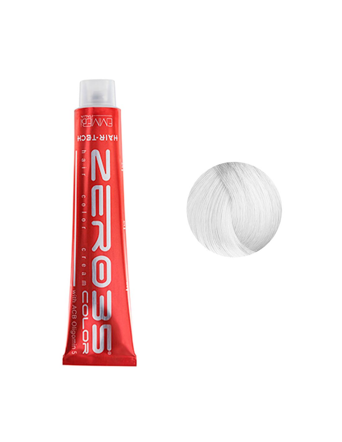 Coloração Hair-Tech 100ml - Anti Amarelos - Zero35 - Emmebi Tubo vermelho de tinta para cabelo e amostra de cor branca.