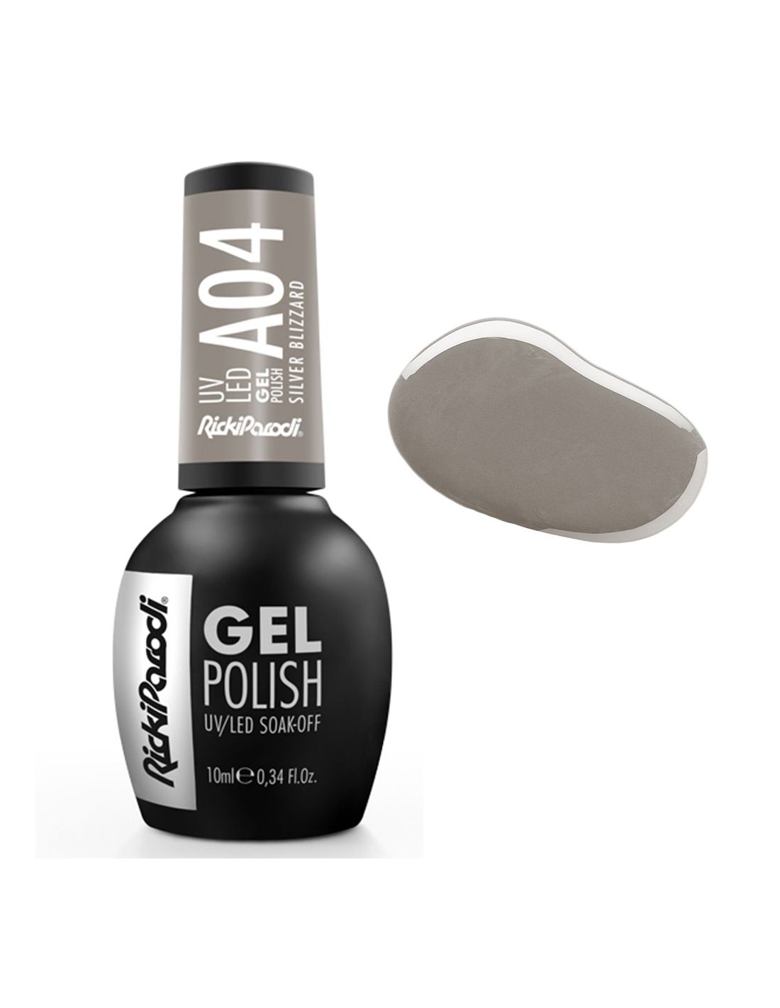 Verniz Gel A04 Silver Blizzard - Air Collection - Ricki Parodi Esmalte gel Silver Blizzard da RickiParodi em frasco negro e tampo cinza
