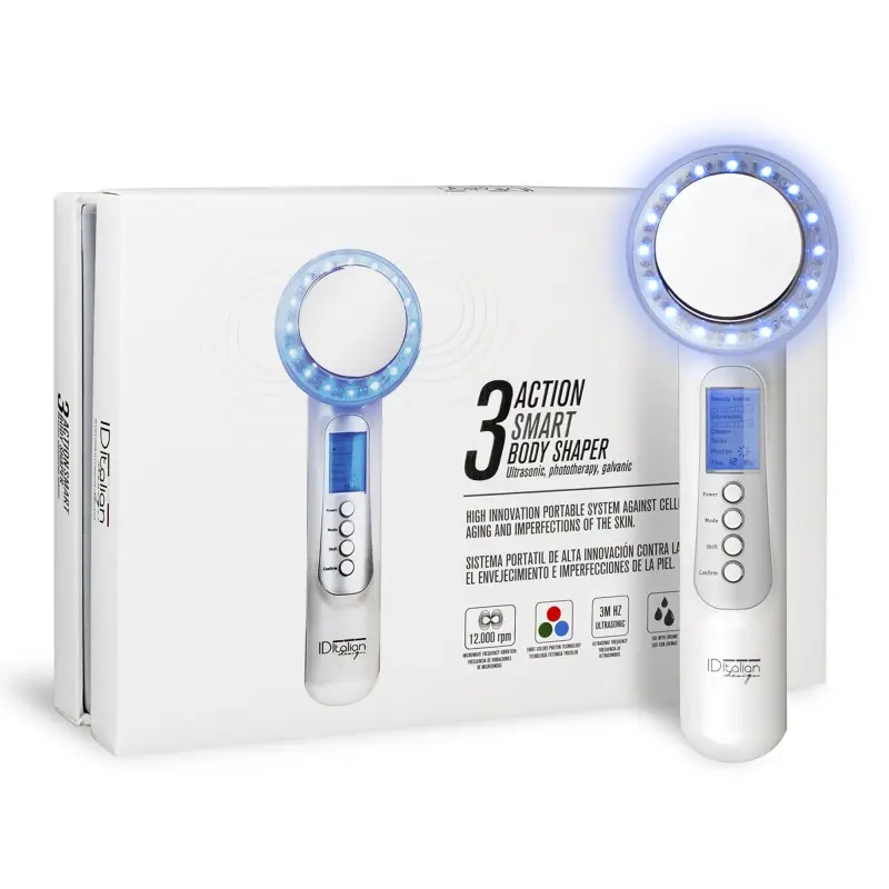 ItalianDesign aparelho Ultrassons, Fototerapia e Galvânica Aparelho de beleza branco com LED azul e caixa associada