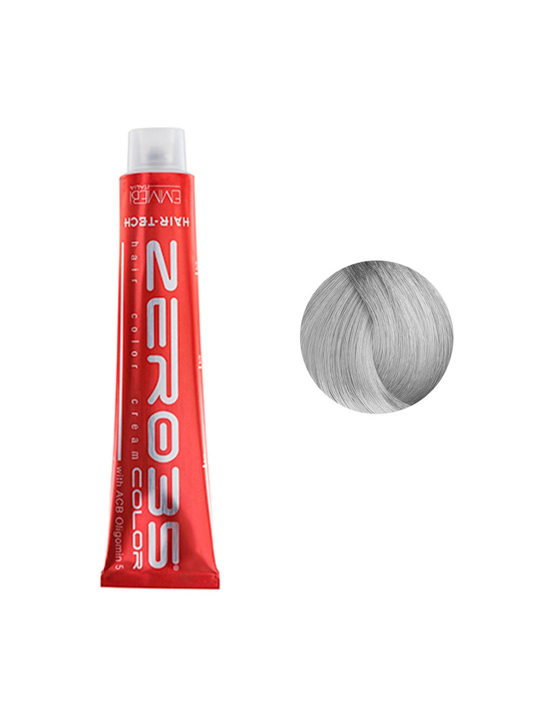 Coloração Hair-Tech 100ml - Cinza - Zero35 - Emmebi Tubo vermelho de tinta para cabelo e amostra de cor prateada