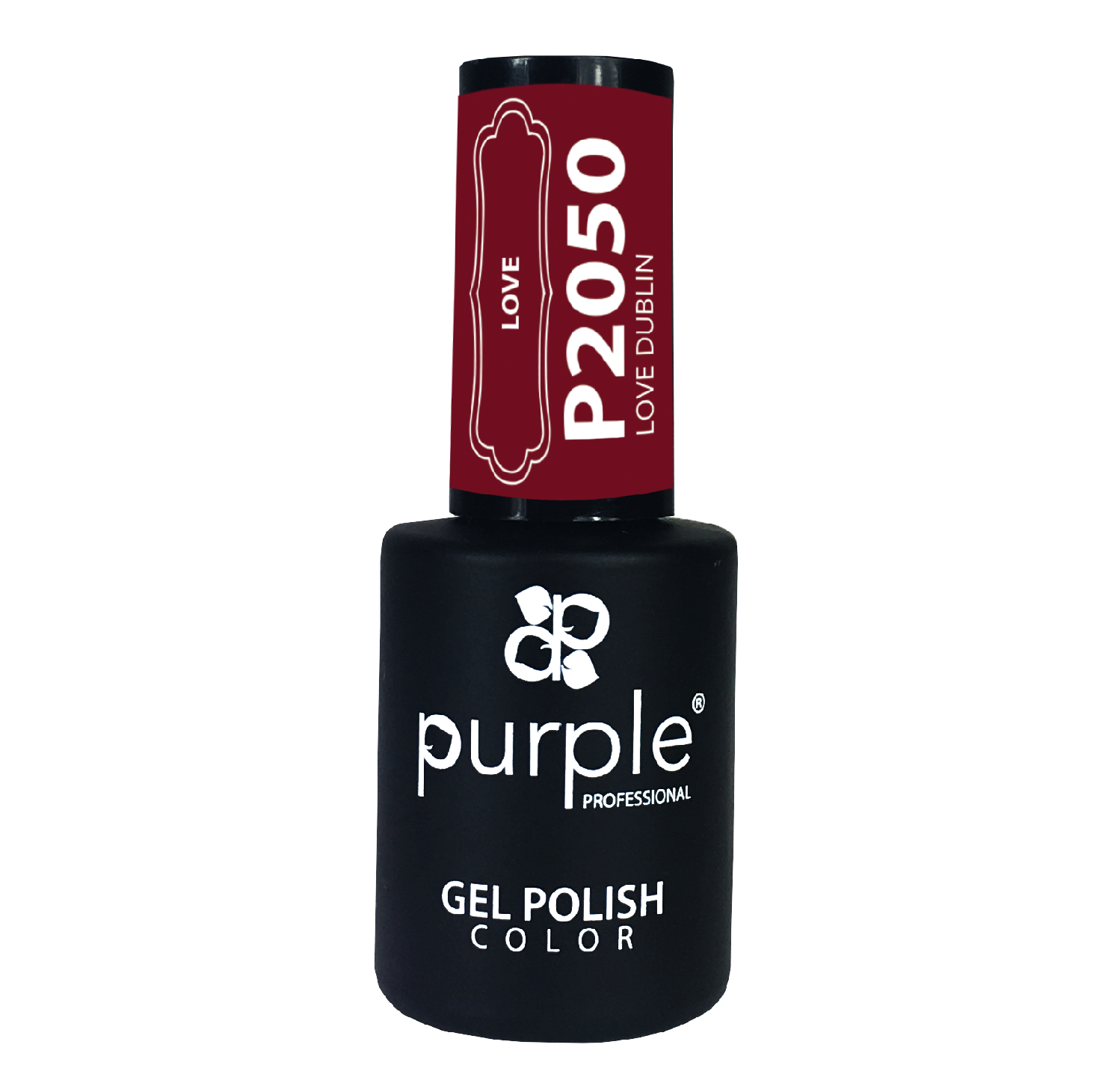 Purple Verniz Gel P2050 – Love Dublin 10ml Frasco de verniz gel para unhas preto com rótulo vermelho P2050 Love Dublin