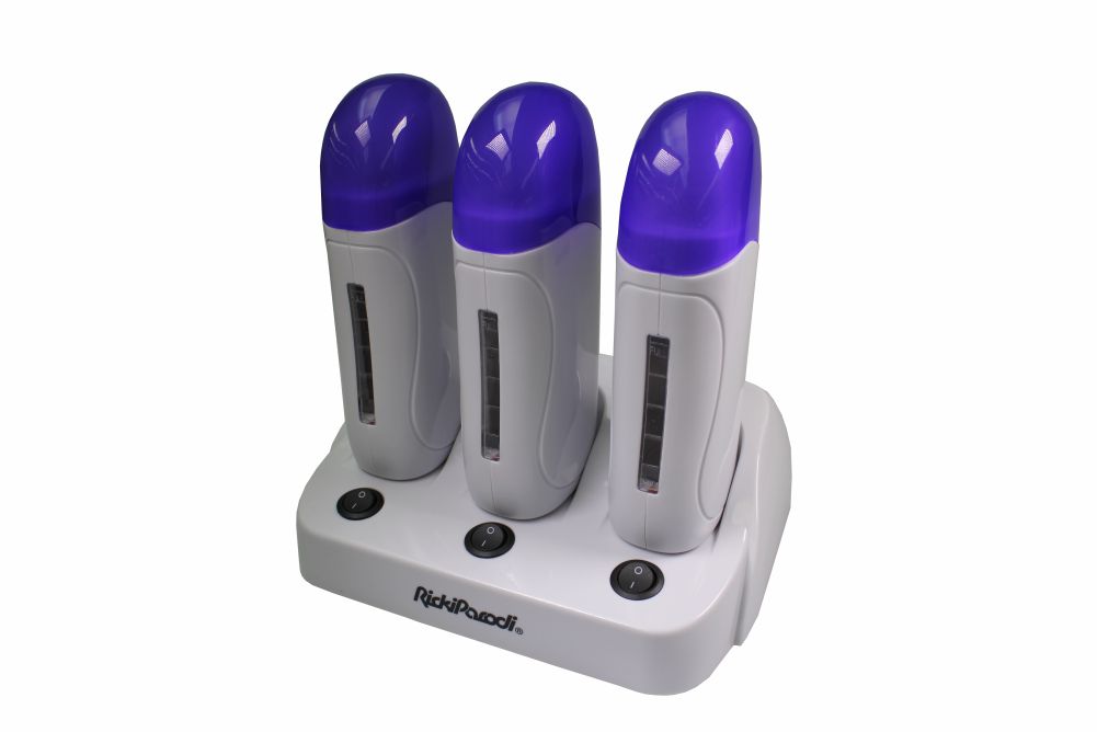Ricki Parodi Base Tripla com Termostato - ProWax3 Dispositivo de depilação com três unidades azuis e brancas numa base branca.