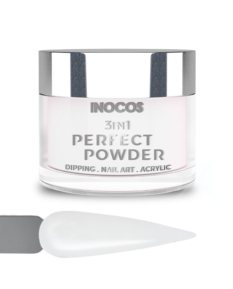 INOCOS PERFECT POWDER 3 EM 1 BASE 03 Ultra Branco 20GR Frasco de pó acrílico para unhas INOCOS com amostra de cor em formato de unha