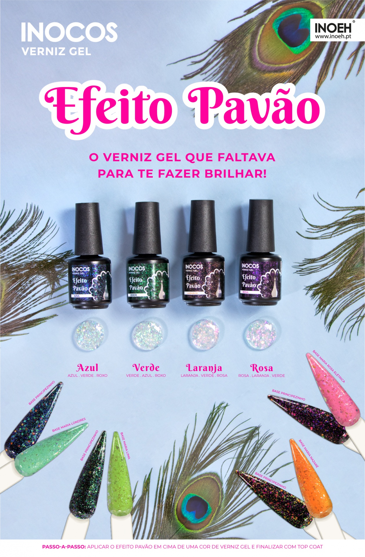 INOCOS VERNIZ GEL Verde 15ml - Coleção Efeito Pavão Frascos de verniz gel Inocos Efeito Pavão nas cores azul, verde, laranja e rosa com penas de pavão ao fundo.