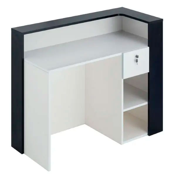 Balcão Ceriotti Biside Balcão de recepção preto e branco com gaveta e prateleiras
