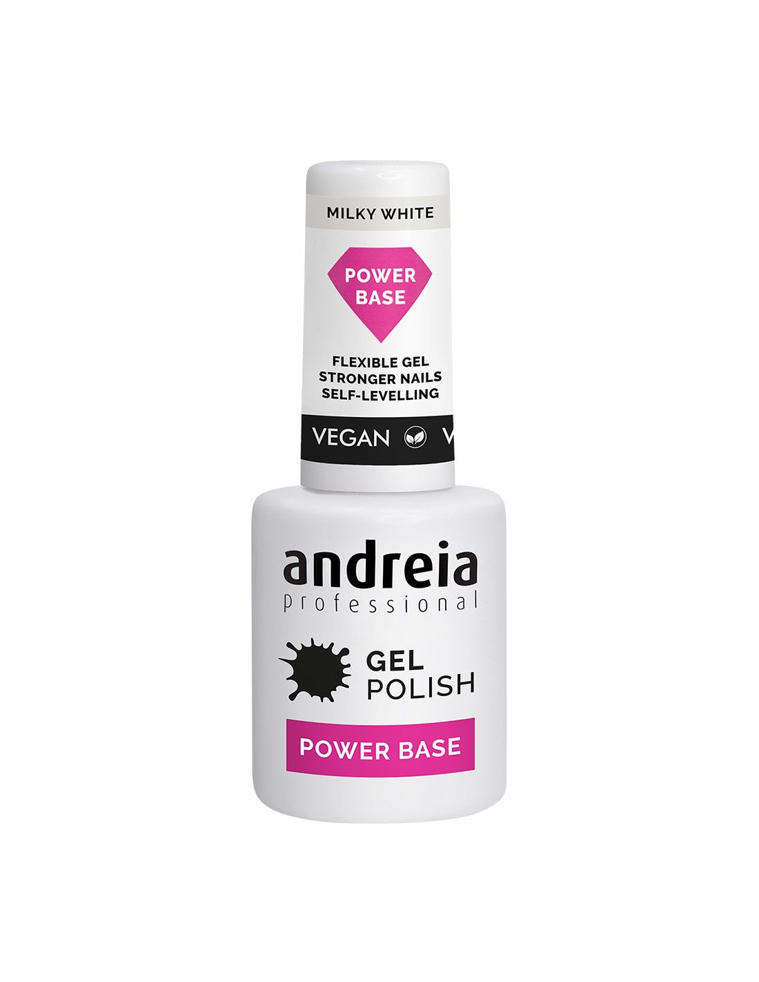 Verniz Gel Andreia Power Base - Milky White Garrafa branca de verniz gel Andreia Professional com rótulo rosa e texto em preto