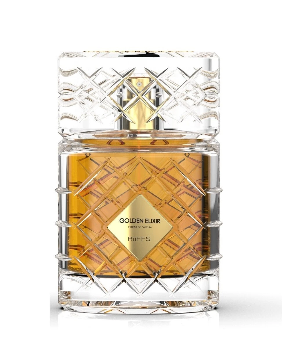 Riiffs Golden Elixir Eau De Parfum 100 Milliliters Frasco de perfume Golden Elixir em vidro transparente com padrão geométrico e líquido âmbar