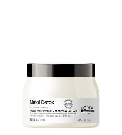 L'Oréal Metal Detox Máscara 500ml Embalagem de máscara capilar L'Oréal Metal Detox branca com tampa preta