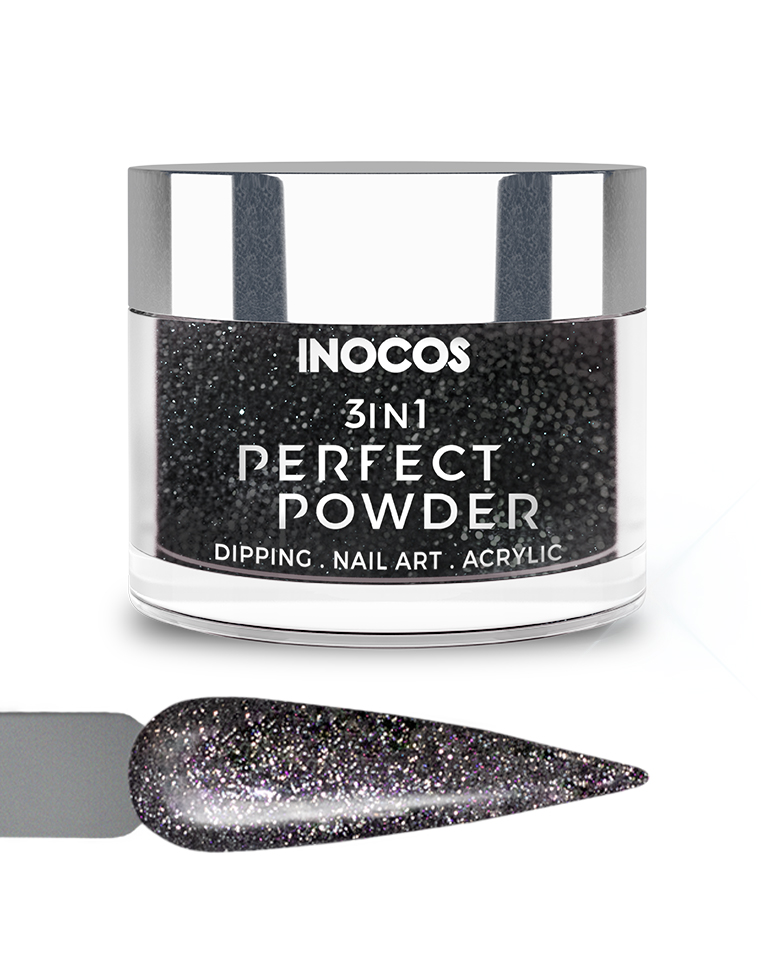 INOCOS PERFECT POWDER 3 EM 1 P65 Glitter Bola de Espelhos 20GR Pó para unhas preto com brilho em frasco transparente com tampa prateada da marca INOCOS 3IN1 PERFECT POWDER