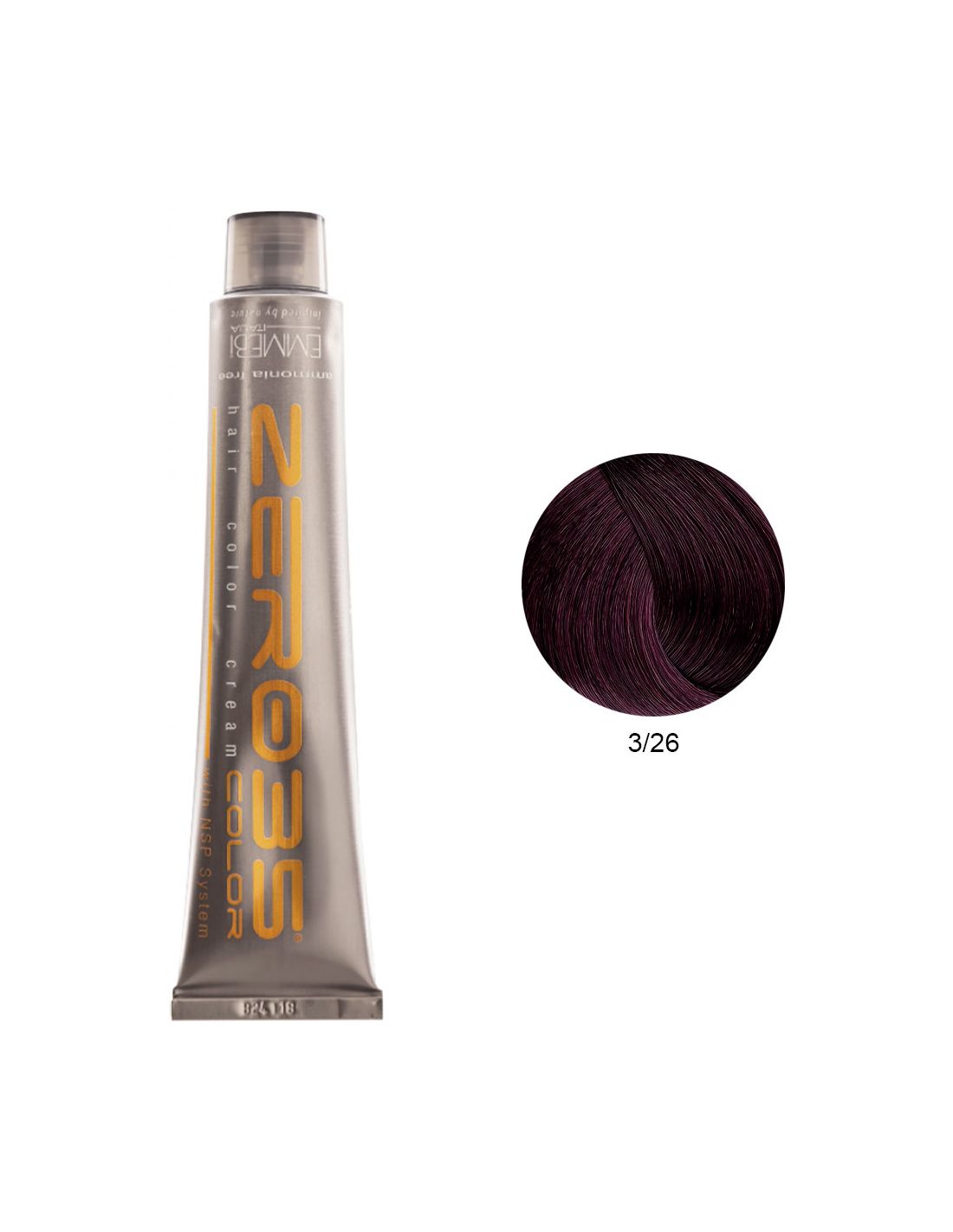 Coloração Sem Amoníaco 100ml - 3/26 Castanho Escuro Violeta Vermelho - Zero35 - Emmebi Tubo metálico prateado com cor de cabelo vermelho escuro e código 3/26