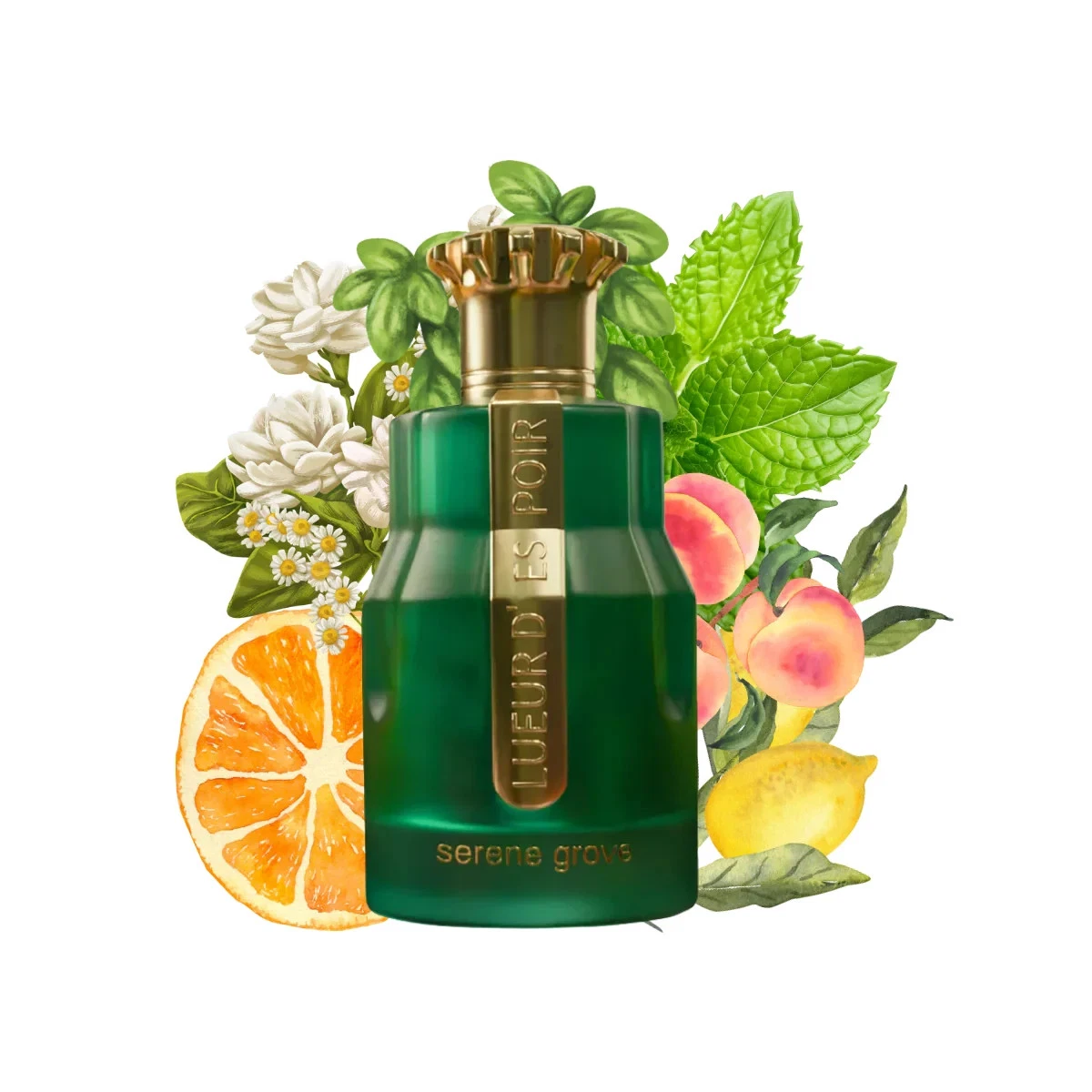 Lueur d'Espoir Serene Grove PARIS CORNER perfume 100ml Frasco verde de perfume LUFUR DES POIR com fundo de frutas e folhas.