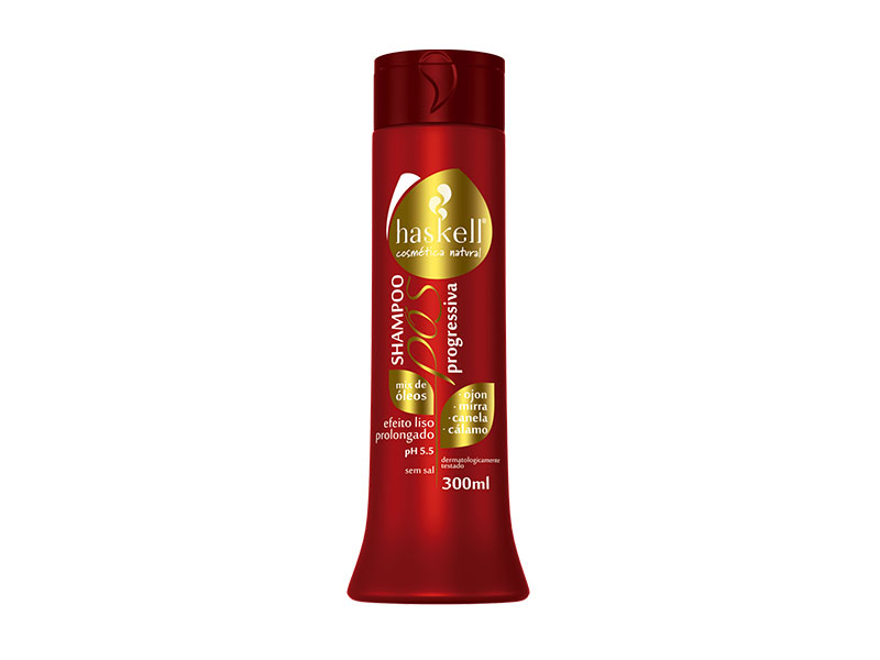 Haskell SHAMPOO POS PROGRESSIVA 300 ML Frasco vermelho de champô Haskell com texto branco e amarelo