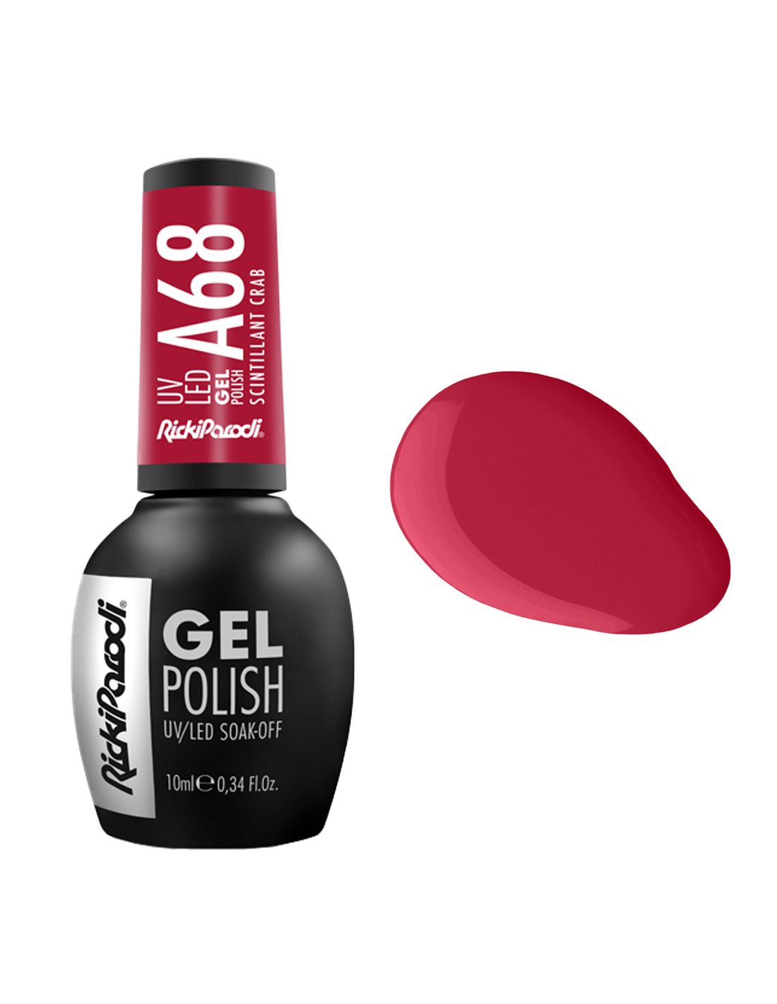 Verniz Gel A68 Scintilant Crab - Summer Collection - Ricki Parodi Frasco de esmalte em gel preto com tampa vermelha e amostra da cor rosa escuro