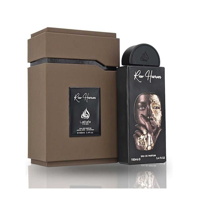 Lattafa Pride Raw Human 100 ml Frasco de perfume Raw Human preto com rosto dividido e caixa castanha ao lado
