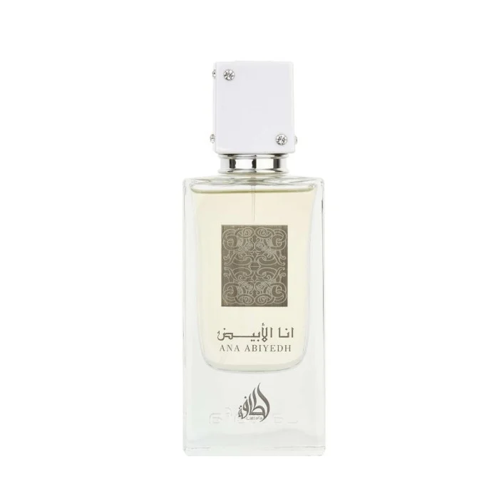 ANA ABIYEDH WHITE Lattafa perfume Unissex 30ml (Original) Frasco de perfume transparente com tampa branca e rótulo decorativo