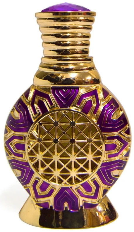 Al Haramain Miracle perfumed oil unisex 15ml Frasco decorativo de perfume dourado com detalhes roxos e padrão geométrico