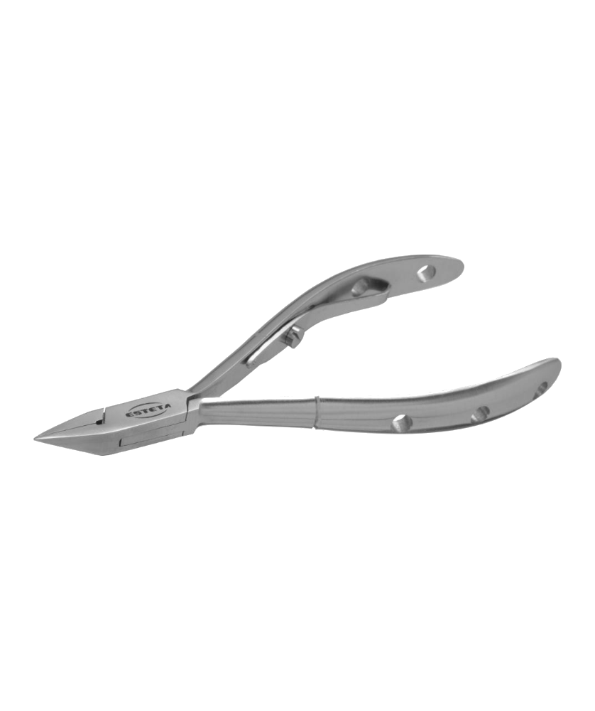 Alicate Desencravador Ponta Pequena Unhas Mod. Space Alicate de cutículas de metal prateado com texto Vista