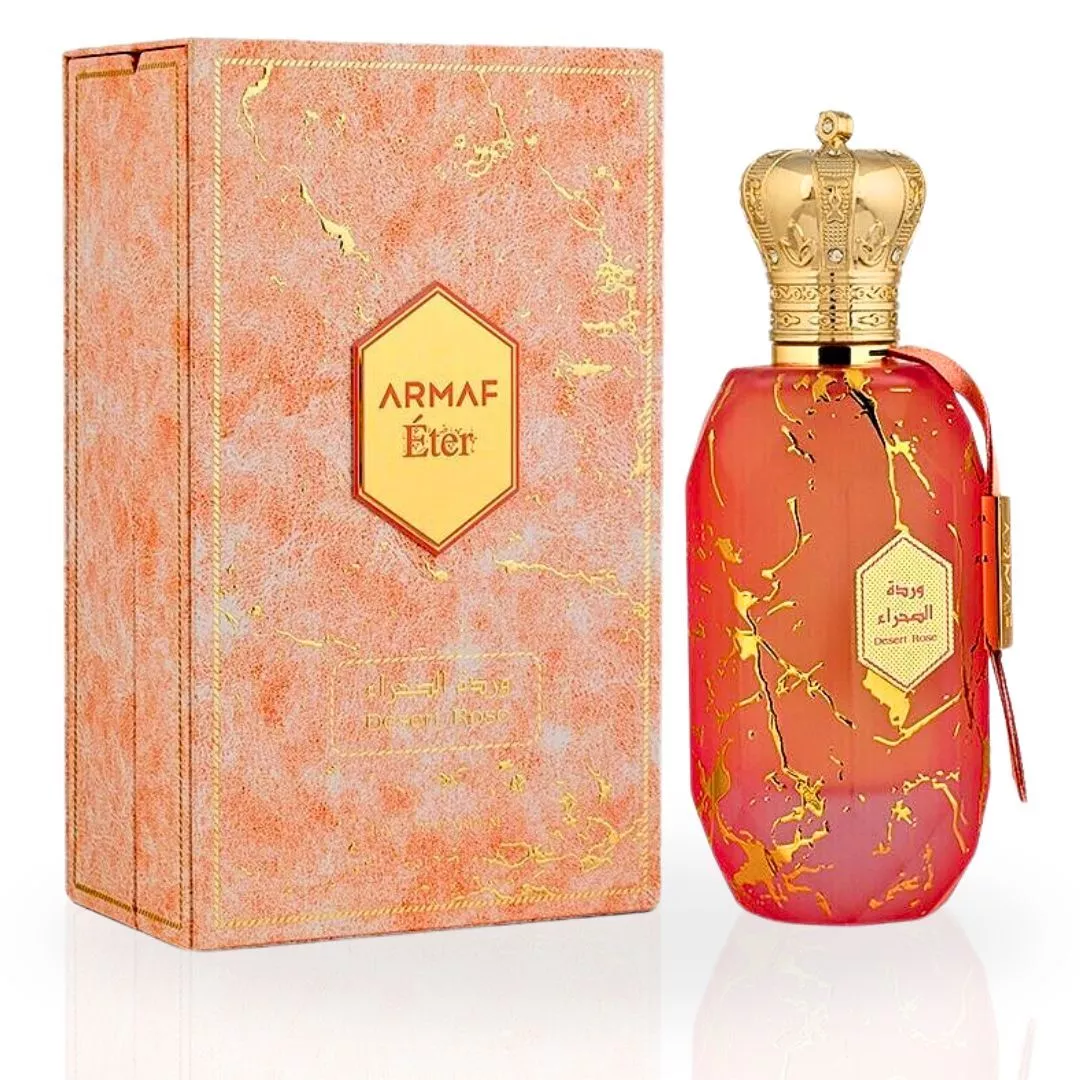 Armaf Eter Desert Rose Eau De Parfum 100 ml Frasco de perfume vermelho com tampa coroa dourada e caixa rosa marmoreada