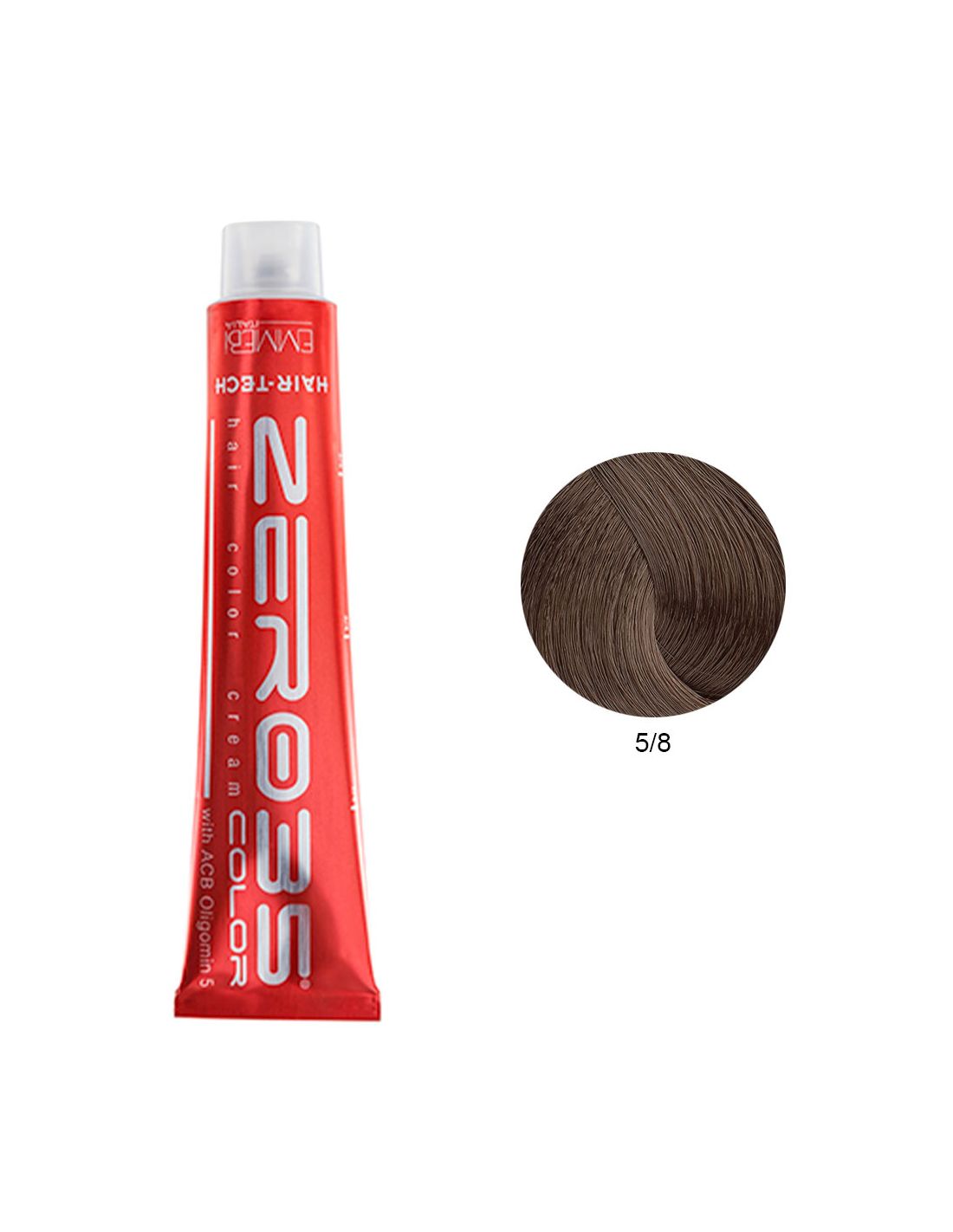 Coloração Hair-Tech 100ml - 5/8 Chocolate Escuro - Zero35 - Emmebi Tubo vermelho de coloração para cabelo com amostra de cor castanho claro
