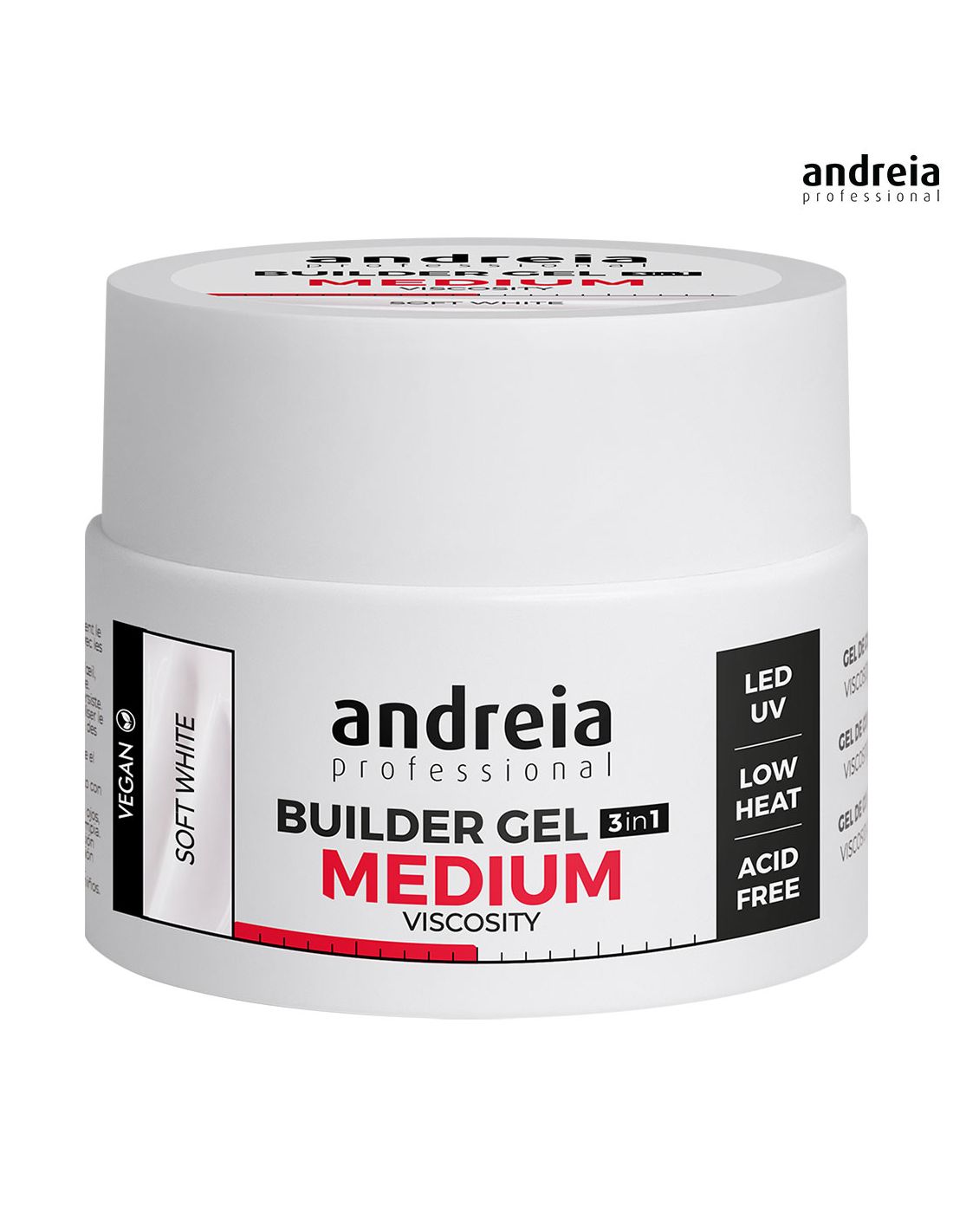 Andreia Builder Gel 3 IN 1 - Média Viscosidade 44gr Frasco branco de gel para unhas Andreia Professional com texto BUILDER GEL 3in1 MEDIUM VISCOSITY, SOFT WHITE
