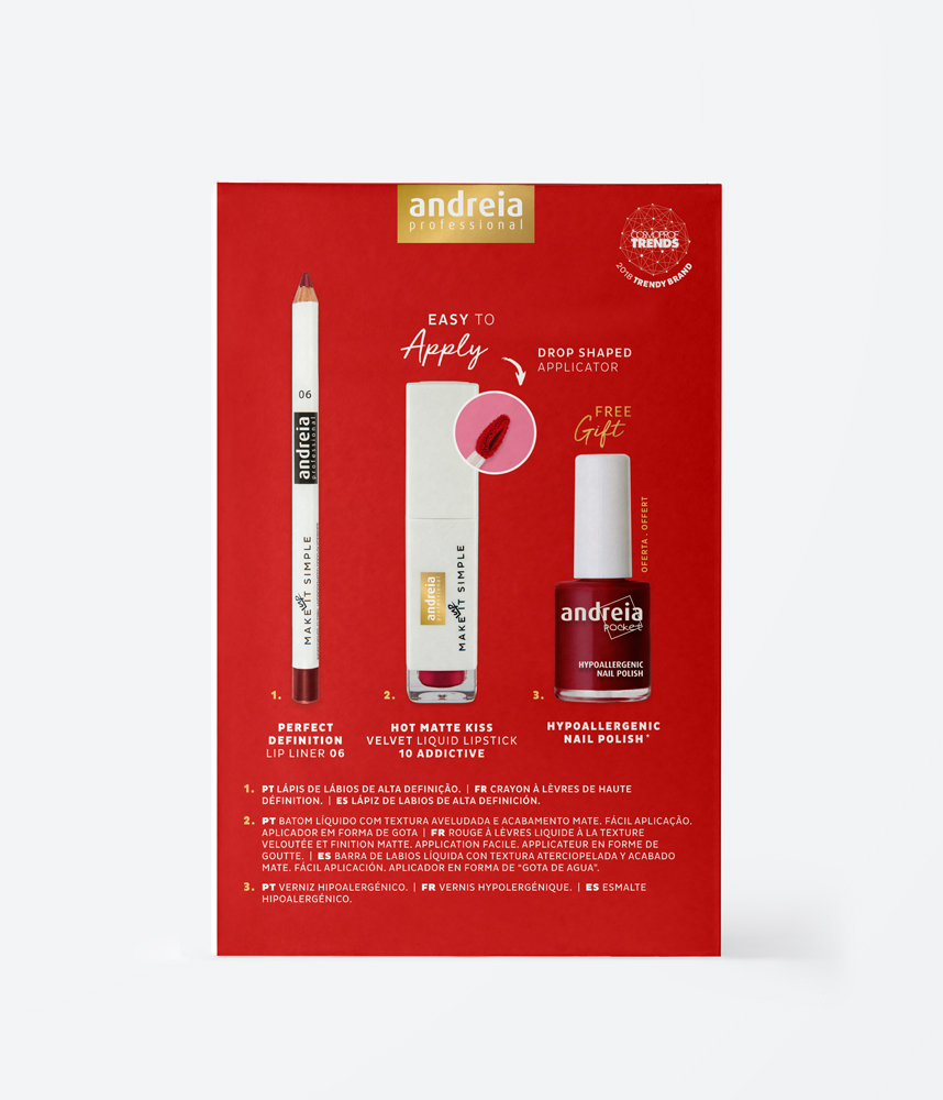 Andreia Makeup Kit Hot Matte Kiss Conjunto de maquilhagem Andreia Professional com lápis delineador, batom líquido matte e verniz hipoalergénico em fundo vermelho