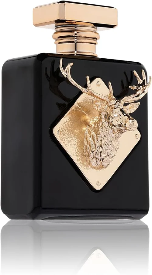 Fragrance World Imperial Eau De Parfum for men 100ml Frasco de perfume preto com cabeça de alce dourada em relevo
