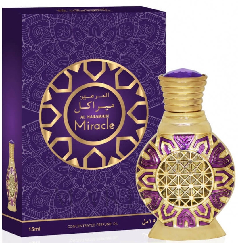 Al Haramain Miracle perfumed oil unisex 15ml Frasco e caixa de perfume roxo e dourado com texto Al Haramain Miracle