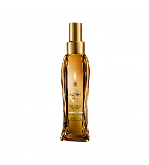 Loreal Mythic Oil Huile Originale 100ml Frasco dourado de óleo Mythic Oil da L'Oréal Professionnel sobre fundo branco