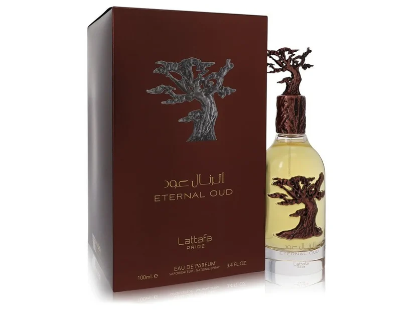 Eternal Oud Lattafa Unissex 100ml (Original) Frasco de perfume com tampa em forma de árvore ao lado de caixa castanha com texto ETERNAL OUD