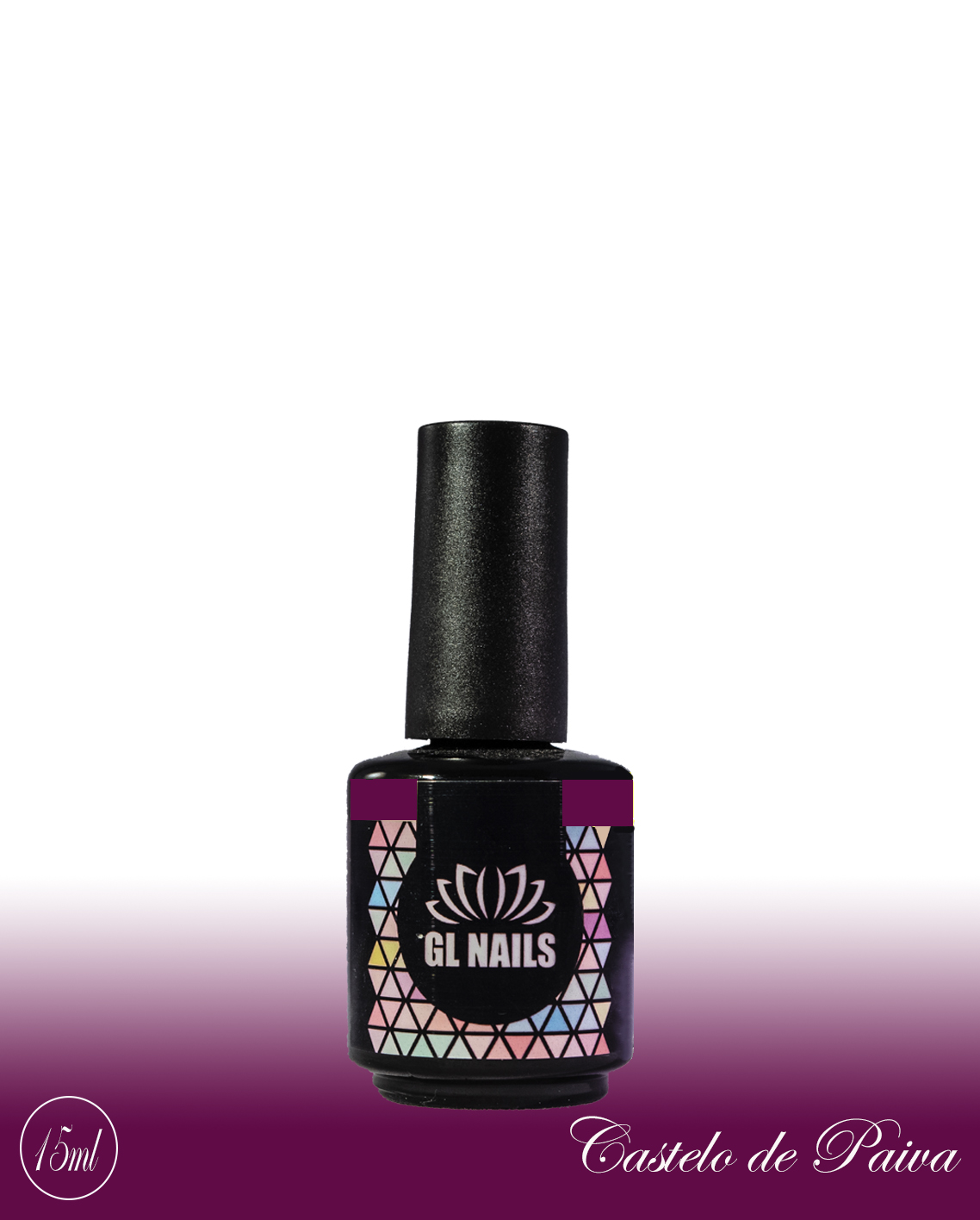 GL Nails - Verniz Gel Castelo de Paiva 15ml Frasco de verniz para unhas GL NAILS com rótulo colorido e tampa preta