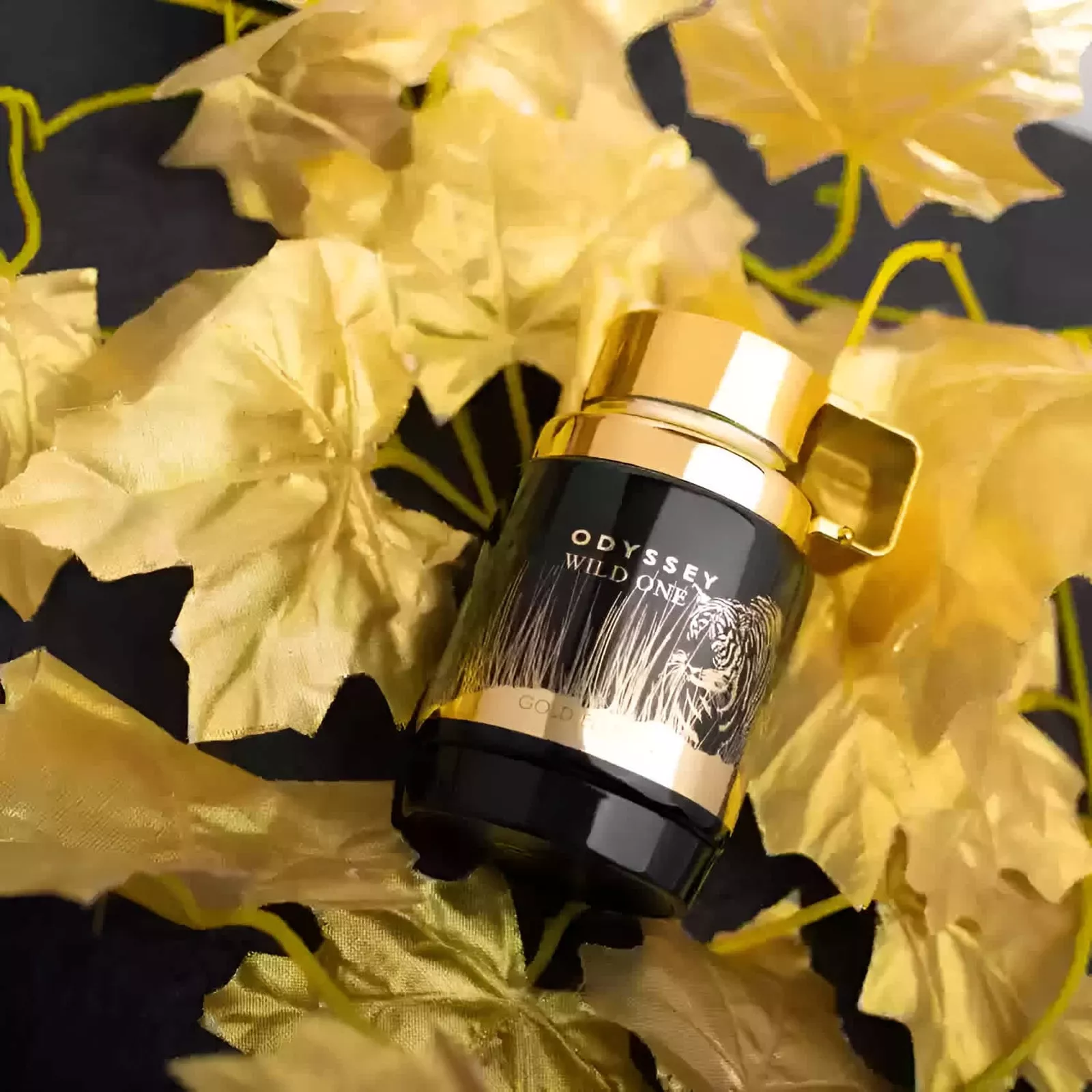 Odyssey Wild One Gold Edition Armaf Masculino Frasco de perfume preto e dourado com texto ODYSSEY WILD ONES sobre folhas douradas