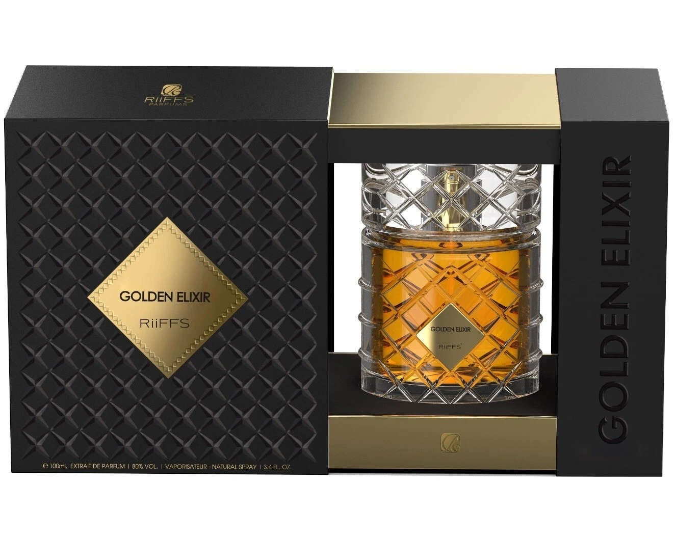 Riiffs Golden Elixir Eau De Parfum 100 Milliliters Frasco de perfume Golden Elixir da RiiFFS em embalagem preta e dourada
