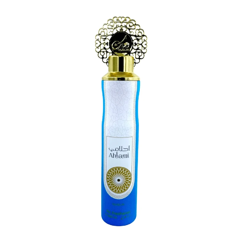 Nusuk Ahlami Al Home Fragrance 300ml Frasco de perfume azul com tampa dourada decorativa e etiqueta branca com texto.