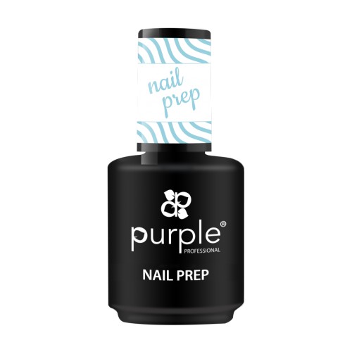 PURPLE - Nail Prep P263 15ml Frasco preto fosco com tampa e rótulo branco e azul de produto nail prep