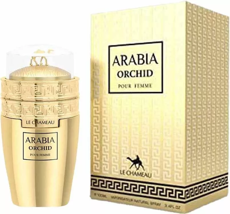 Arabia Orchid | Eau De Parfum 100ml Perfume Arabia Orchid frasco e embalagem dourados com texto e logotipo