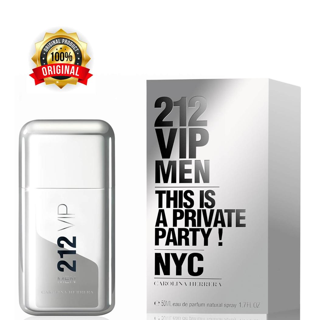 Carolina Herrera 212 VIP MEN eau de toilette vaporizador 50ml Frasco e embalagem do perfume 212 VIP Men Carolina Herrera, cinza prateado com texto preto.