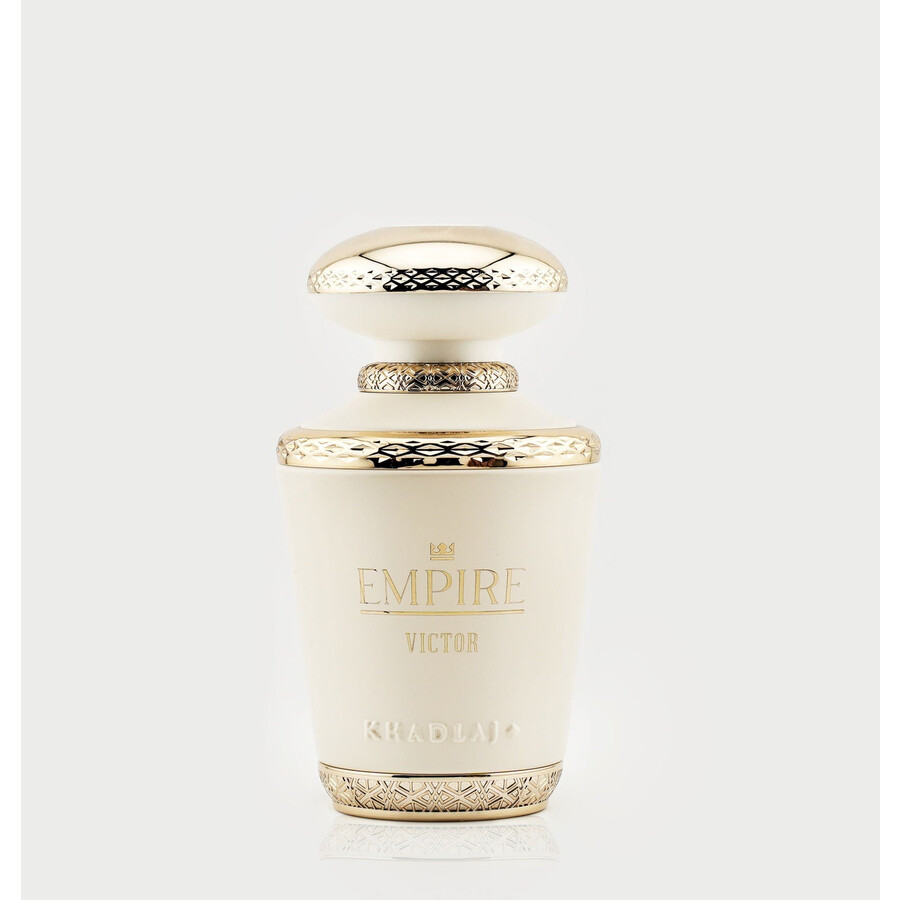 Khadlaj Empire Victor eau de parfum 100 ml Frasco de perfume creme com detalhes dourados e textos EMPIRE, VICTOR e KHADIJAH